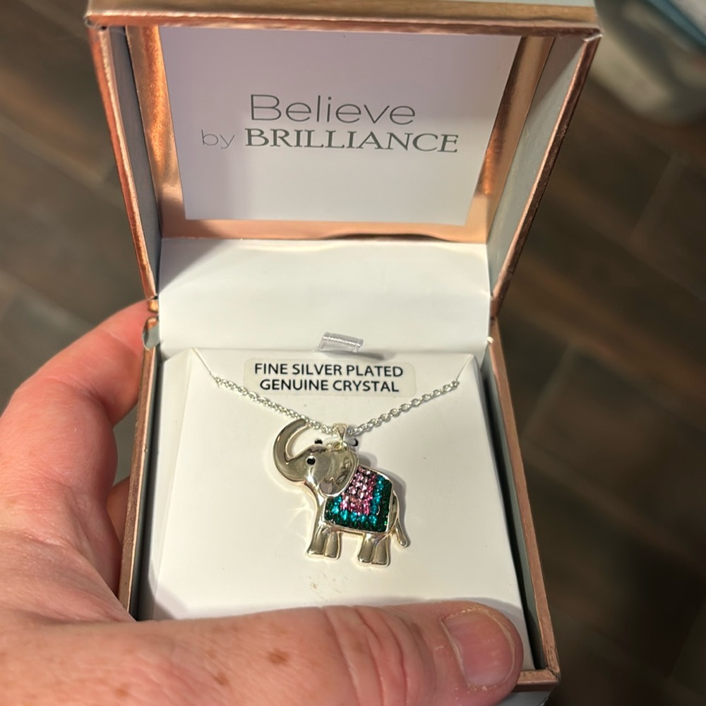 Fine Silver Plated Genuine Crystal Elephant Pendant 18”